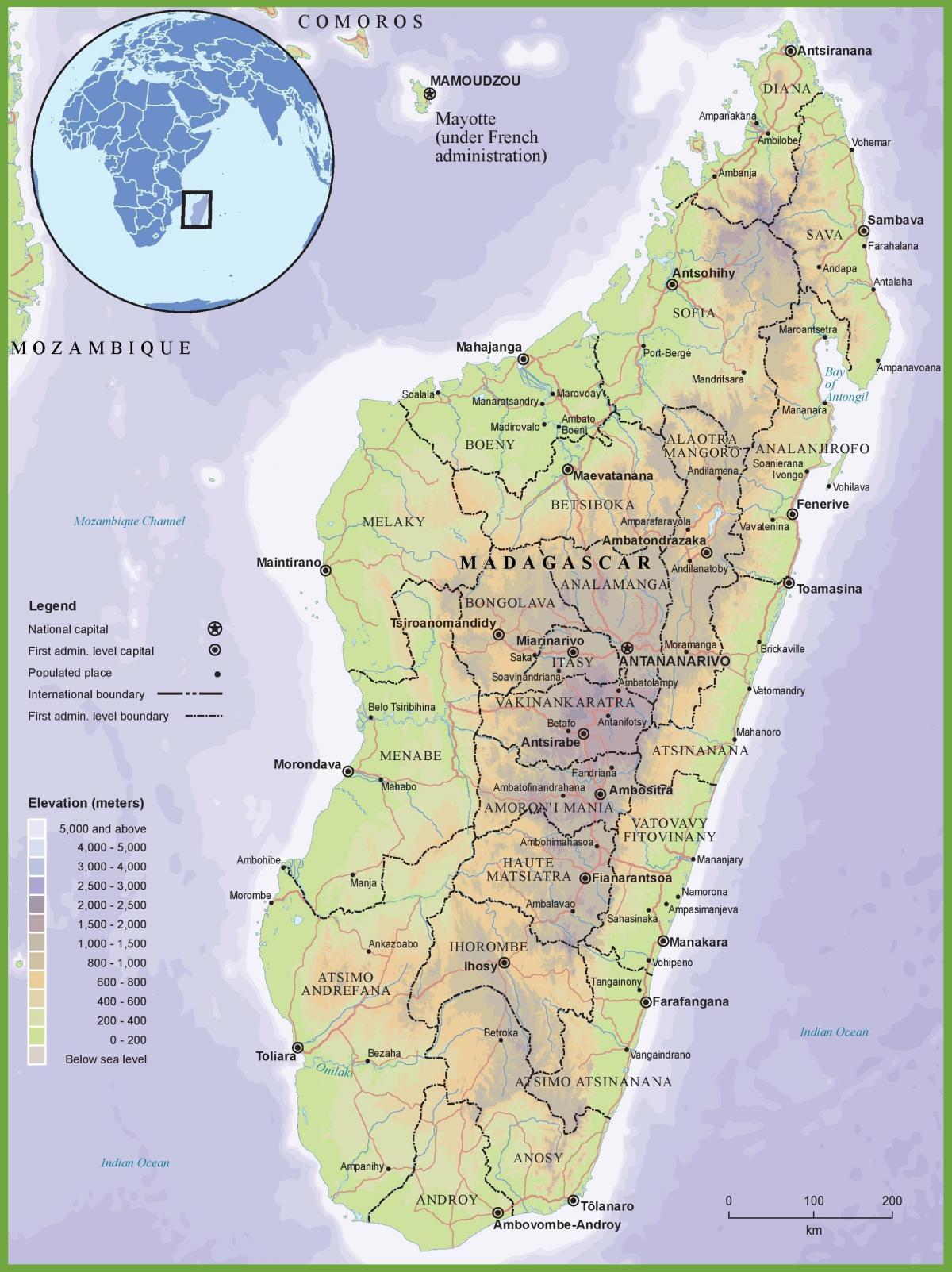 kort af líkamlega kort af Madagaskar