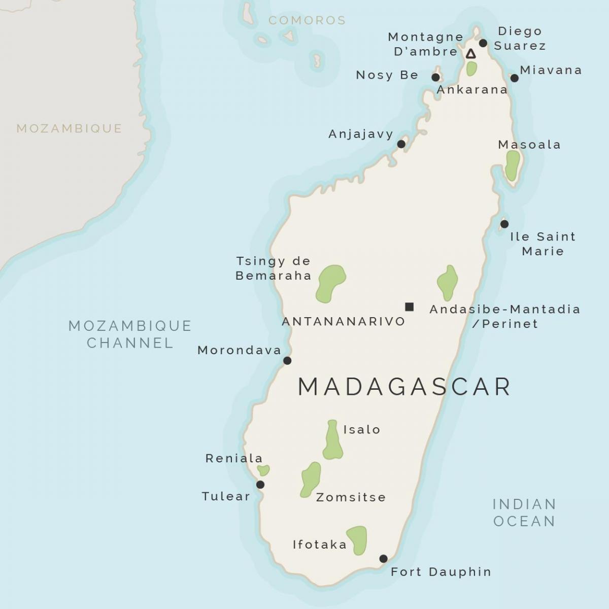 kort af Madagaskar og umhverfis eyjarnar