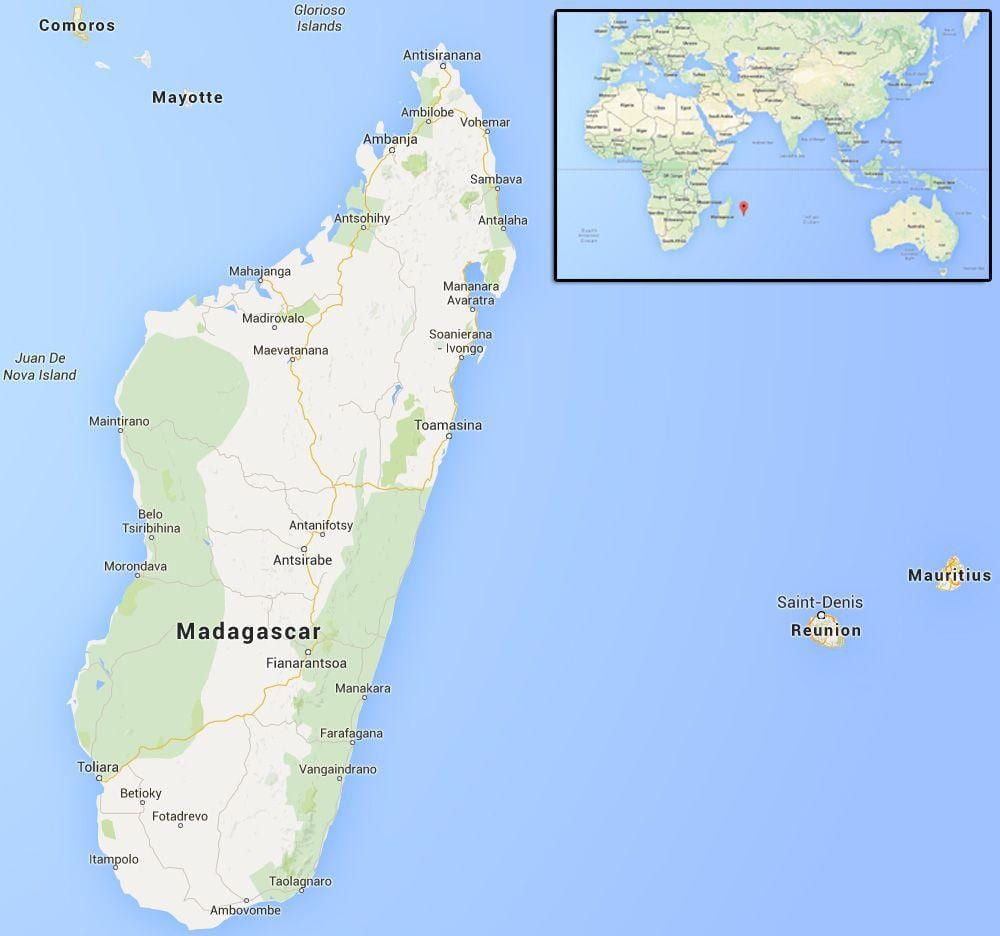 kort af eyjum nálægt Madagaskar