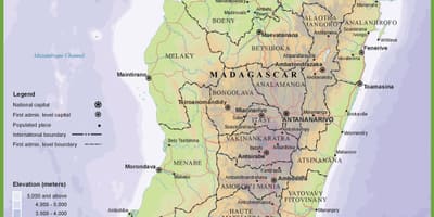 Kort af líkamlega kort af Madagaskar